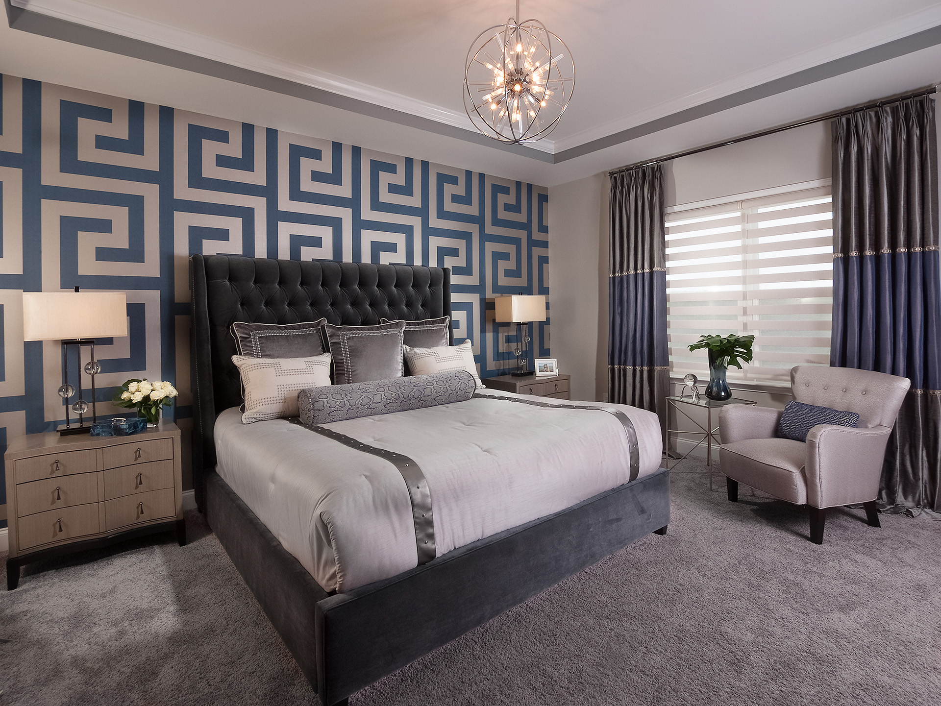 Transitional, Wallpapered Bedroom