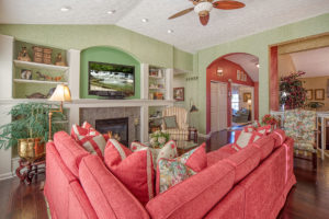 pink sectional in living room