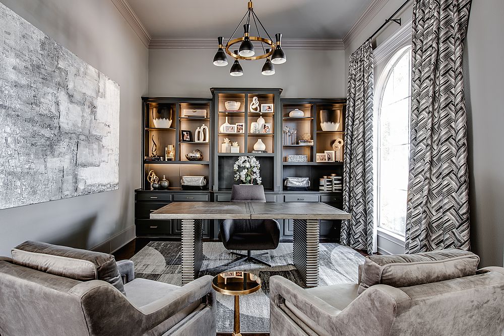 Stylish home office with personalized art and ergonomic design elements.